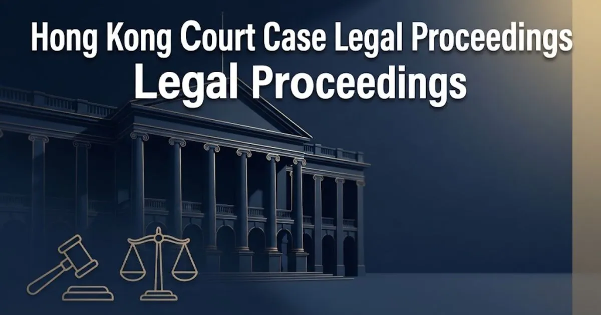 Hong Kong court case legal proceedings hero banner with stylized Court of Final Appeal silhouette in navy and gold