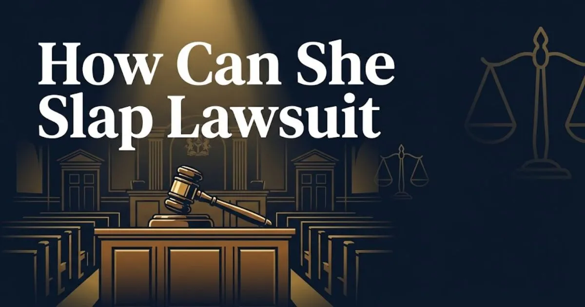 How Can She Slap Lawsuit hero banner with courtroom silhouette and scales of justice in navy and gold