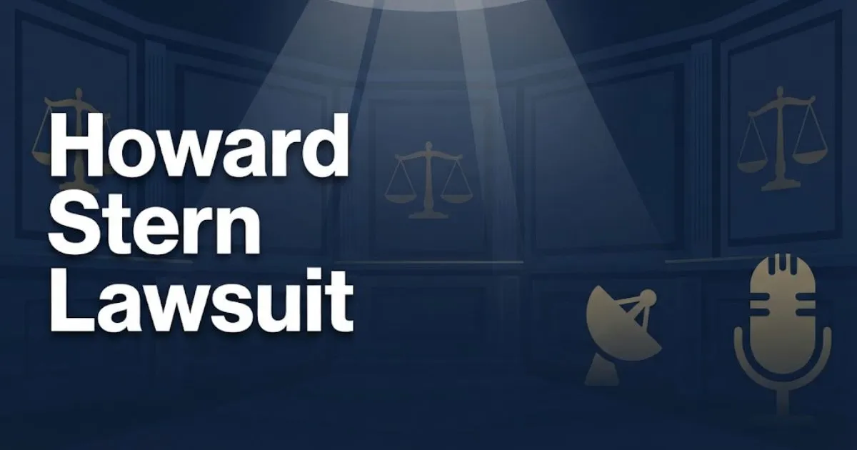 Howard Stern Lawsuit editorial banner with courtroom imagery and gold scales of justice on navy background