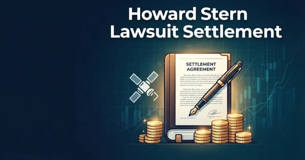 Howard Stern Lawsuit settlement graphic with contract document, satellite radio icon, and gold coin illustrations