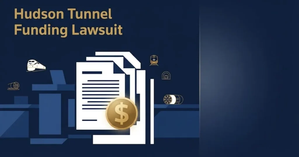 Hudson tunnel funding lawsuit courtroom and transit funding graphic with legal icons in navy blue and gold tones