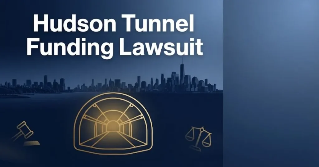 Hudson tunnel funding lawsuit hero banner with Manhattan and New Jersey skyline silhouettes and tunnel graphic in navy and gold