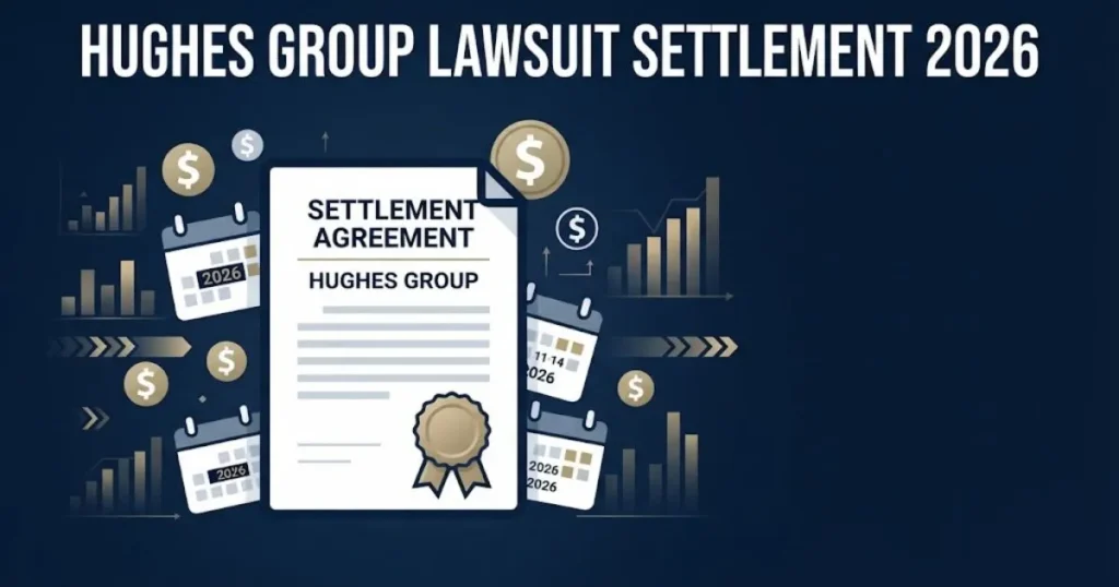 Hughes Group lawsuit settlement 2026 timeline graphic with document and payout icons on navy background