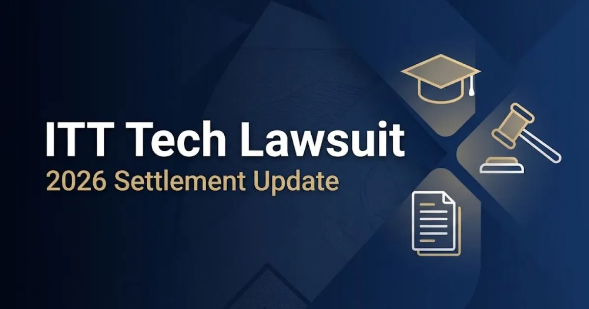 ITT Tech Lawsuit 2026 settlement update banner with legal icons on navy background