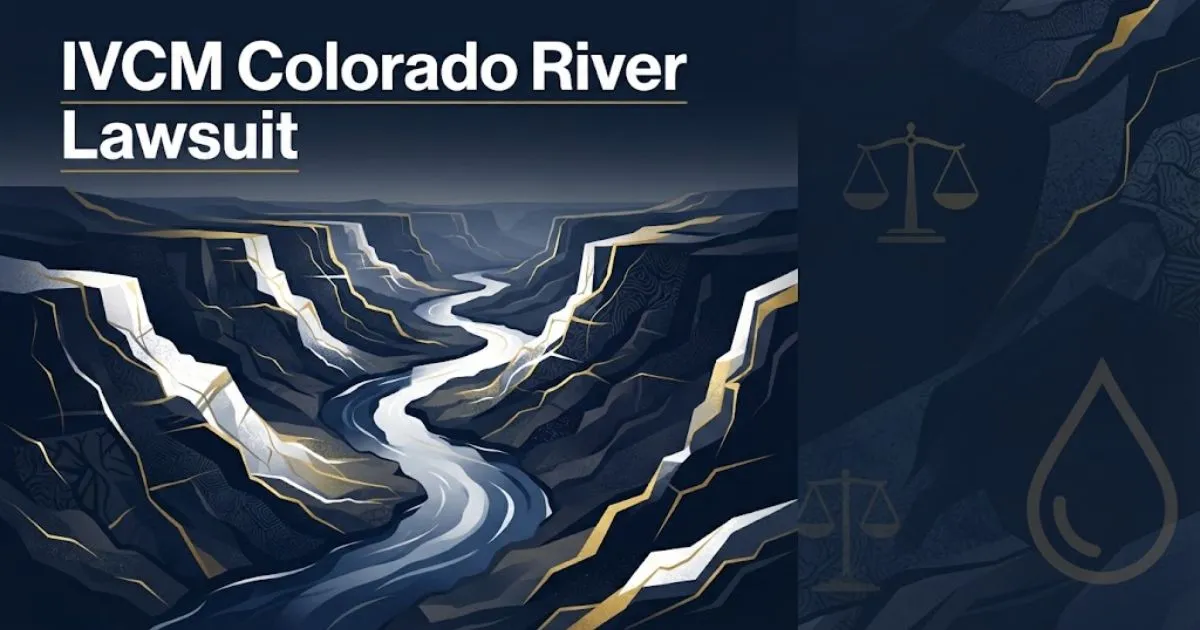 IVCM Colorado River Lawsuit hero banner with aerial river view and legal symbols in navy and gold
