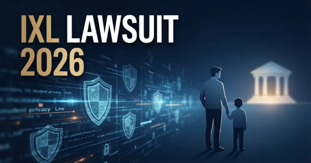 IXL lawsuit 2026 hero banner with digital privacy shield icons and parent-child silhouettes on navy background