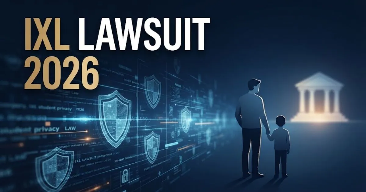 IXL lawsuit 2026 hero banner with digital privacy shield icons and parent-child silhouettes on navy background