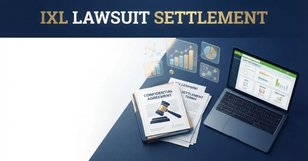 IXL lawsuit settlement graphic with legal documents and data charts on navy background for article illustration