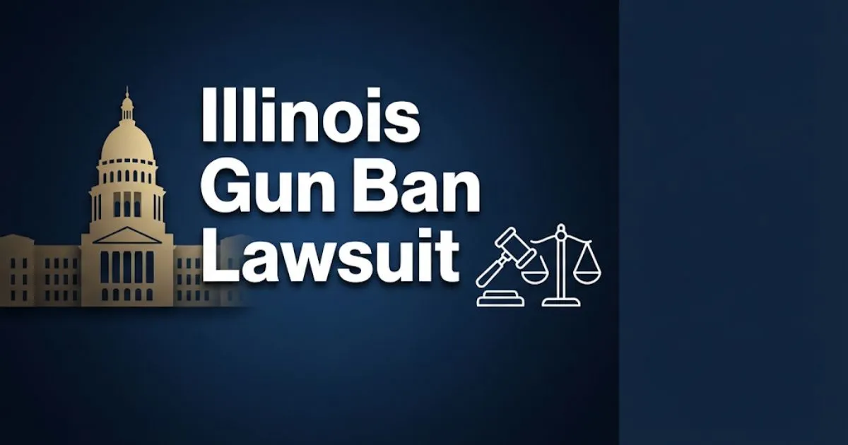 Illinois gun ban lawsuit hero banner with state capitol silhouette and legal symbols on navy background