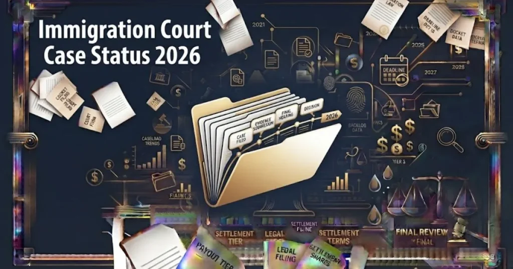 Immigration court case status 2026 graphic showing a case file timeline with gold milestone markers on navy background
