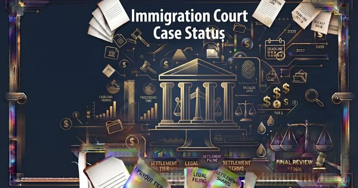 Immigration court case status banner with navy blue background, gold legal scales, and white headline text