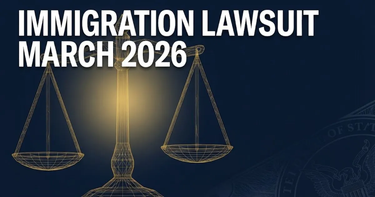 Immigration lawsuit March 2026 hero banner with gold scales of justice on navy background