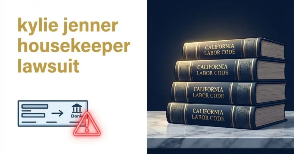 In-article graphic for kylie jenner housekeeper lawsuit showing paycheck icon and California labor code books
