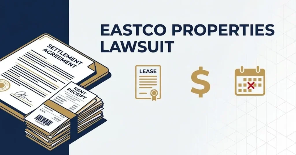 In-article graphic showing eastco properties lawsuit title with settlement document and rent receipt icons in navy and gold