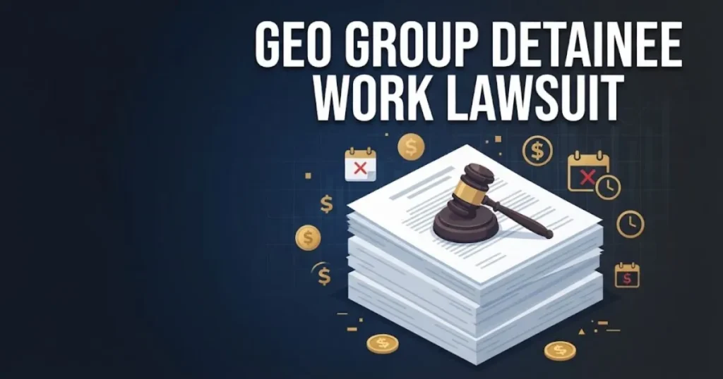 In-article graphic showing geo group detainee work lawsuit text with courtroom documents and settlement icons in navy and gold
