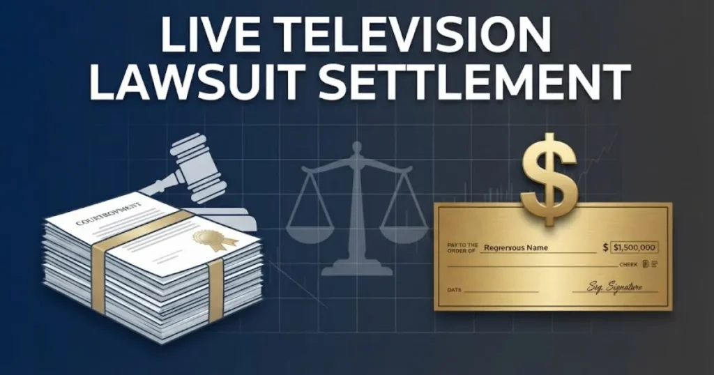 In-article graphic showing live television lawsuit settlement with document stack and scales of justice on navy background