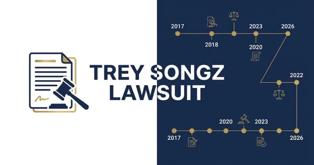 In-article graphic showing trey songz lawsuit title with legal document icons and case timeline on navy and white background