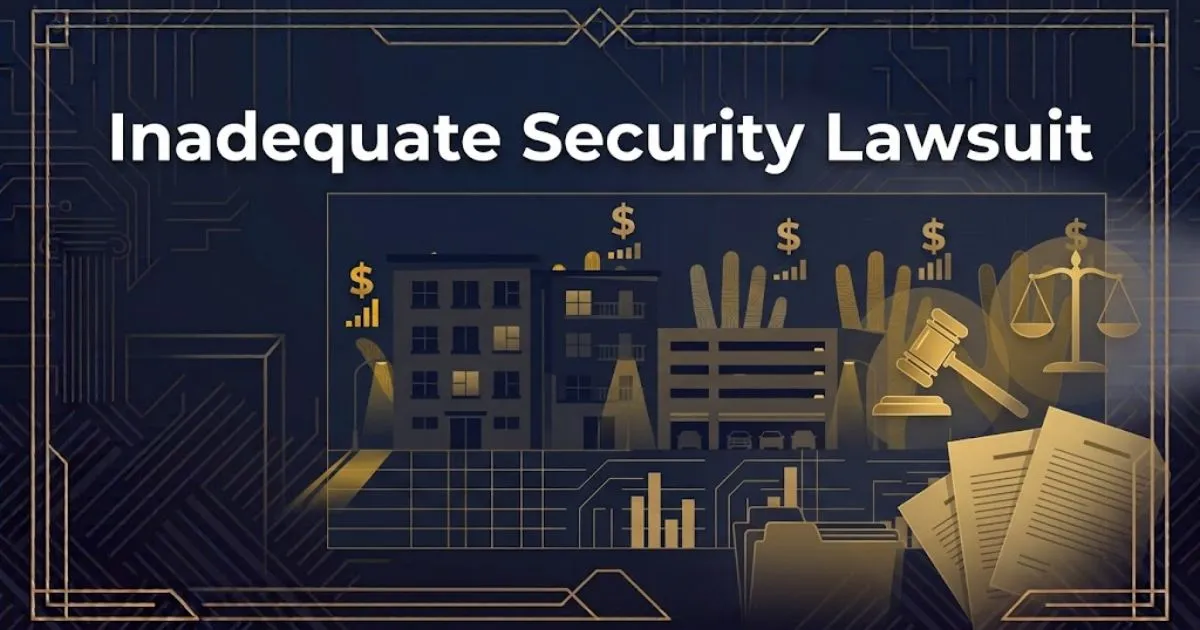 Inadequate security lawsuit hero banner with dark cityscape silhouette and gold legal symbols on navy background