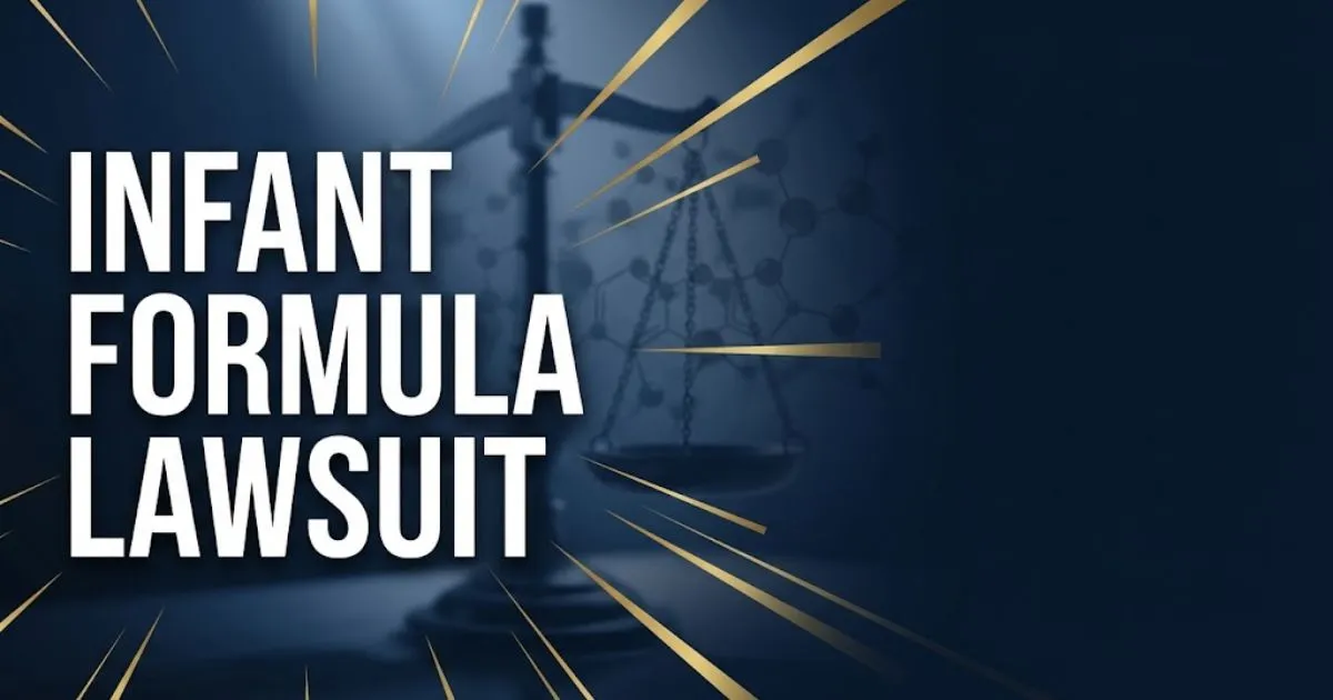 Infant formula lawsuit hero banner with legal scales and navy blue background
