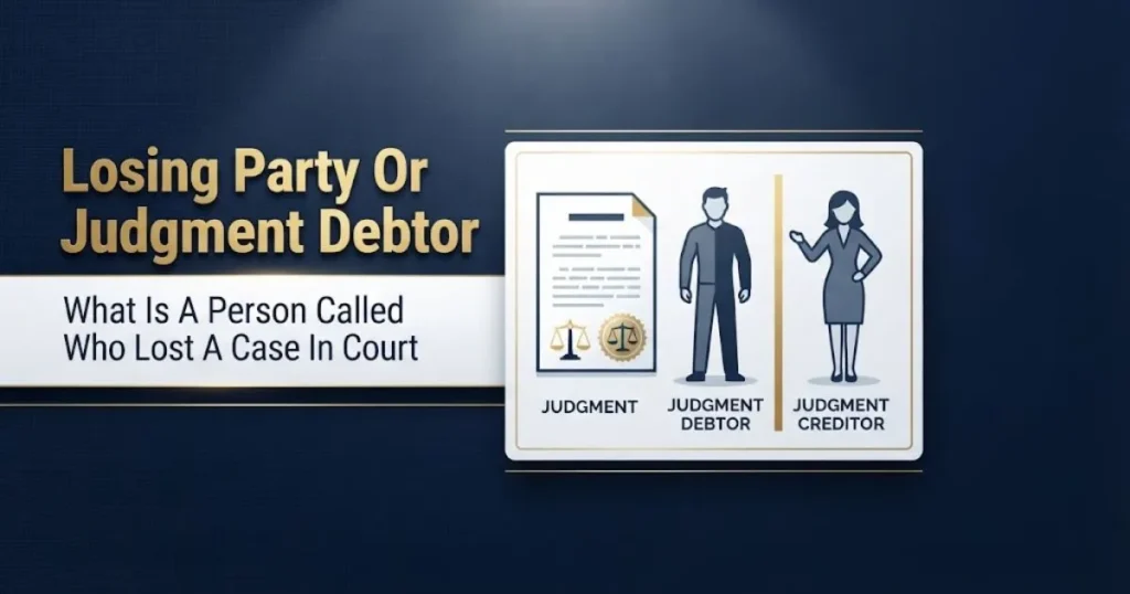 Infographic explaining what is a person called who lost a case in court, losing party versus judgment debtor.