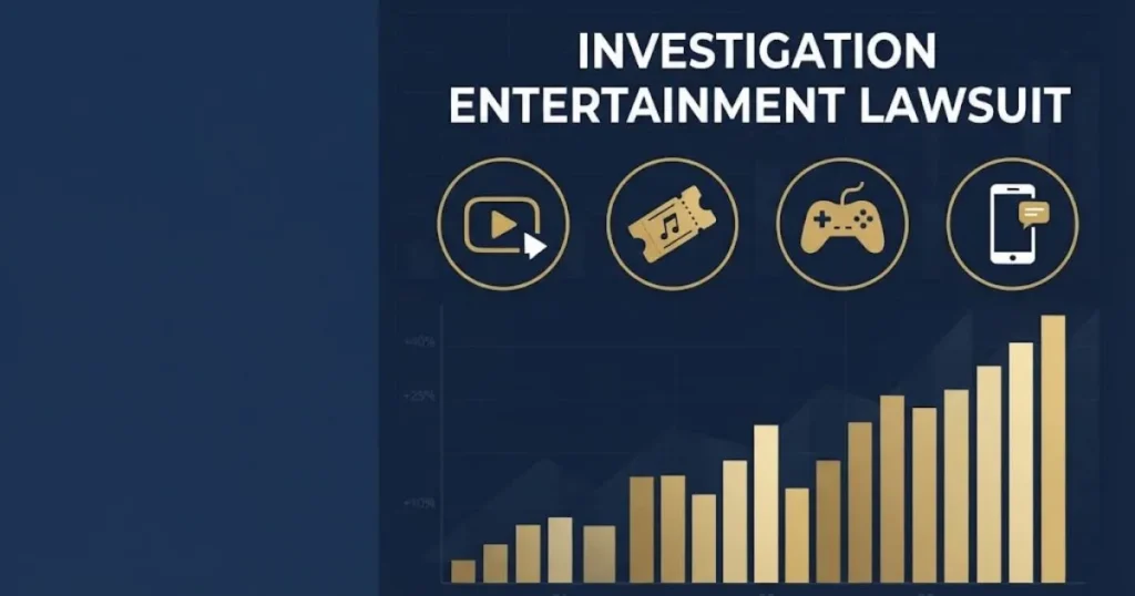 Infographic style banner with investigation entertainment lawsuit title and icons for streaming, concerts, gaming, and mobile data