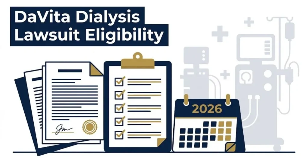 Infographic style image showing davita dialysis lawsuit eligibility with legal documents and calendar icons