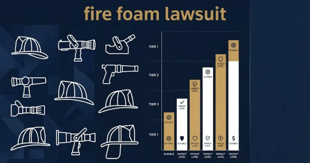 Infographic style image showing fire foam lawsuit settlement tiers with firefighter icons on navy background