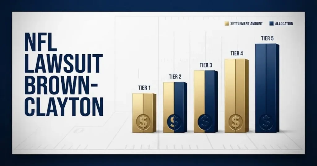 Infographic-style image showing nfl lawsuit brown-clayton settlement tiers with gold bar charts on white and navy background