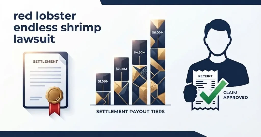 Infographic-style image showing red lobster endless shrimp lawsuit settlement tiers with document icons and payout chart.