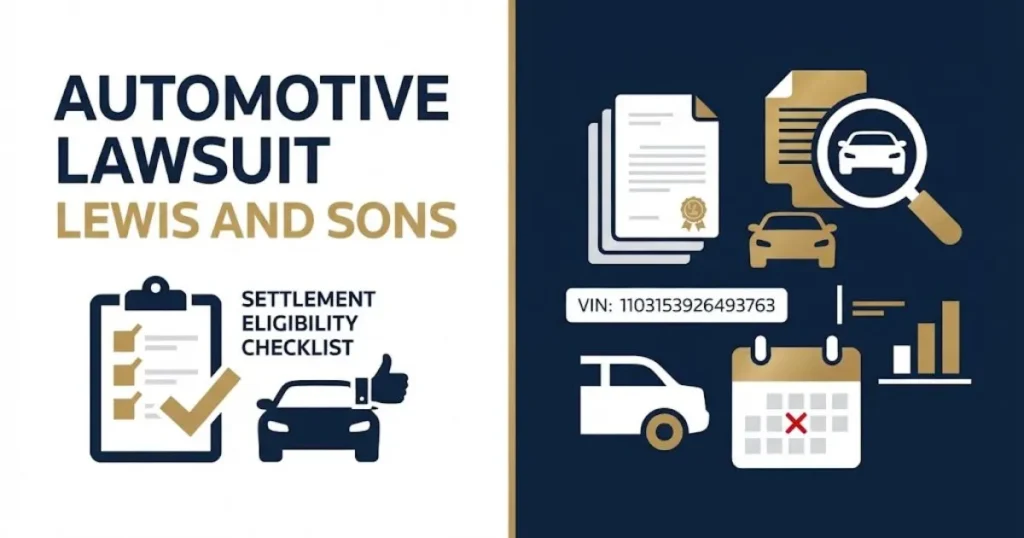 Infographic-style image with automotive lawsuit lewis and sons text and settlement eligibility icons on navy and gold background