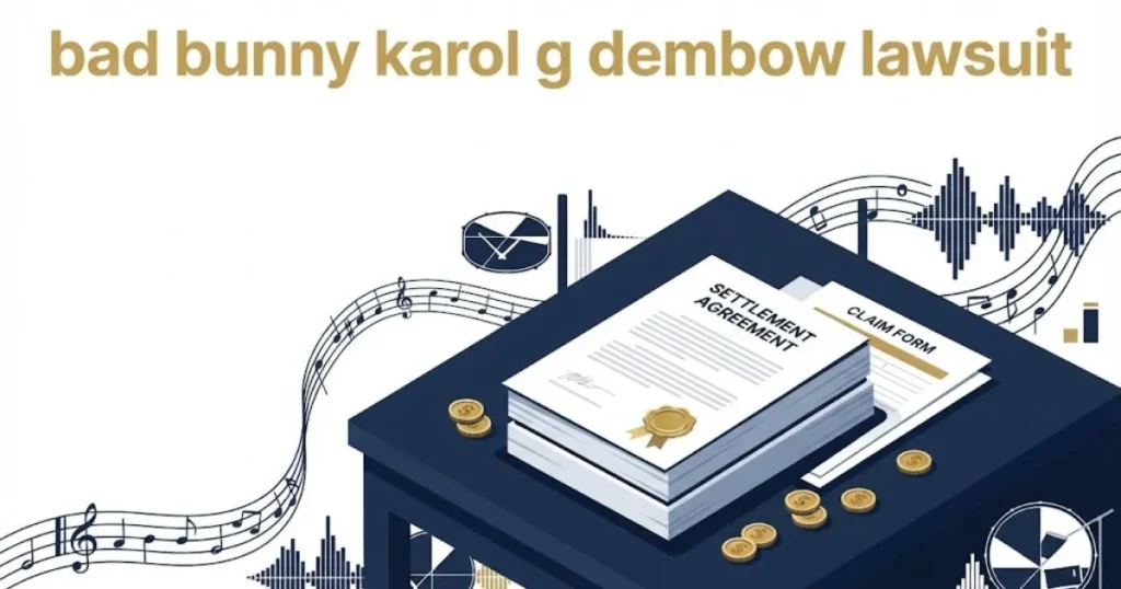 Infographic-style image with bad bunny karol g dembow lawsuit text over stylized settlement document and music graphics in navy and gold