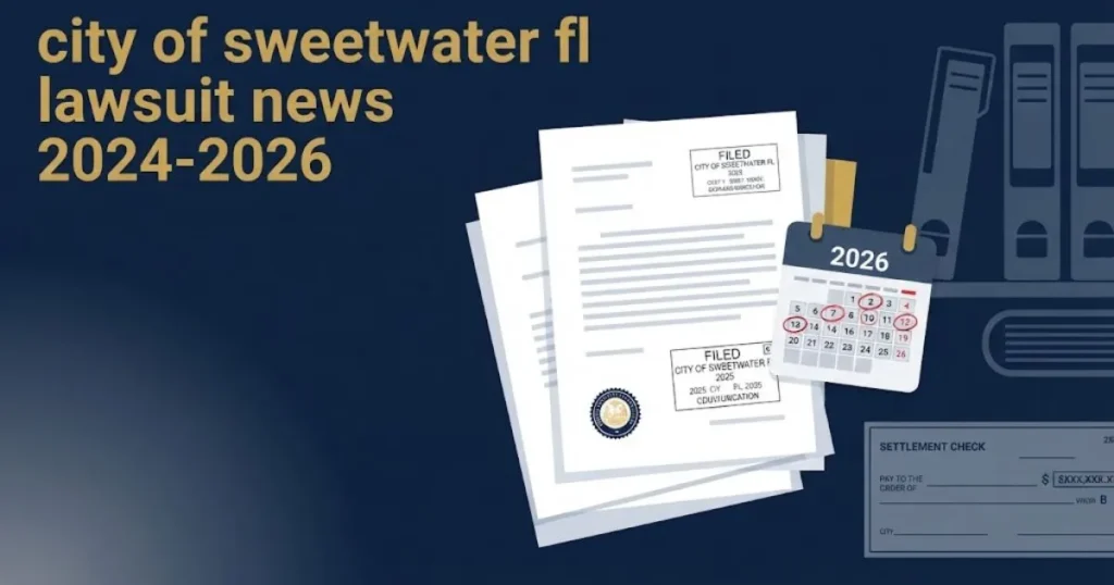 Infographic-style image with city of sweetwater fl lawsuit news 2024-2026 title over legal documents and 2026 deadline calendar icons in navy and gold.