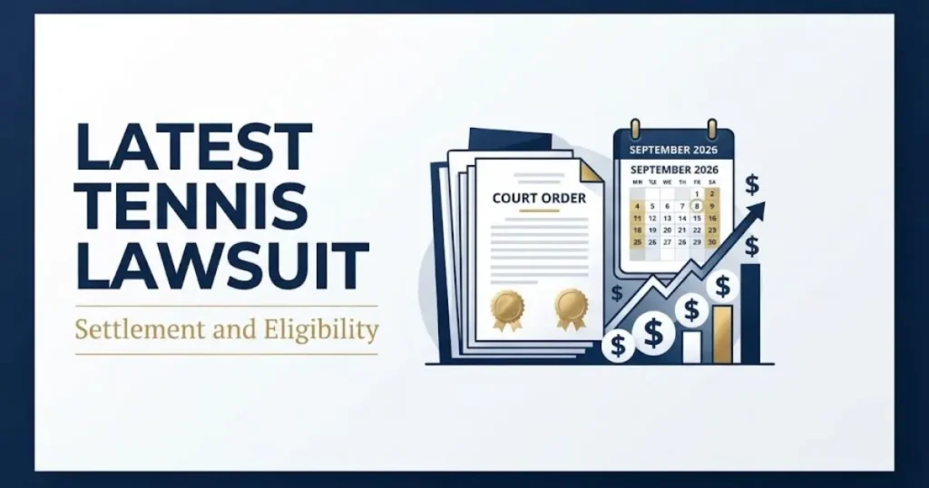 Infographic-style visual showing latest tennis lawsuit settlement and eligibility details with legal documents and calendar icons