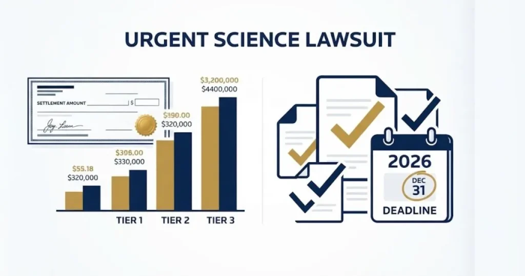 Infographic style visual with urgent science lawsuit title showing settlement tiers and 2026 deadline calendar