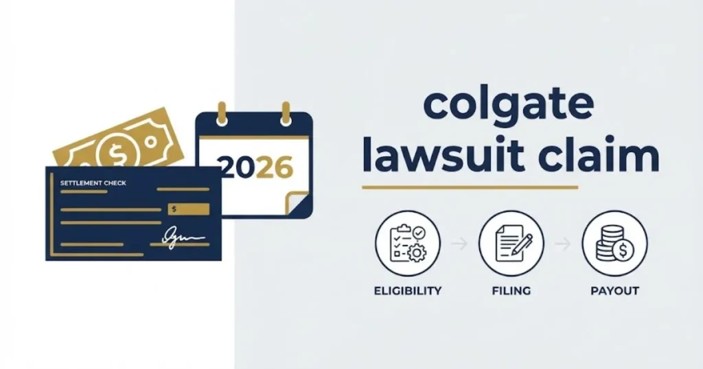 Infographic visual for colgate lawsuit claim showing settlement check and 2026 timeline icons