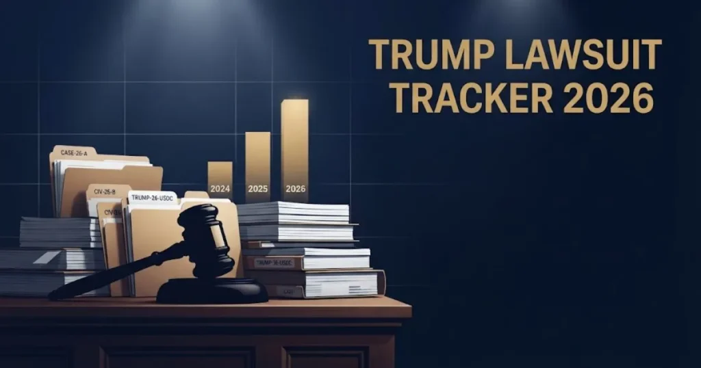 Infographic visual titled Trump lawsuit tracker 2026 with gavel and legal case data icons on navy background.