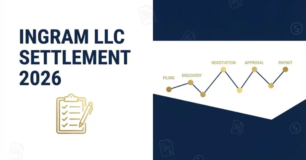 Ingram LLC settlement 2026 timeline graphic with checklist icon and gold accents on navy background
