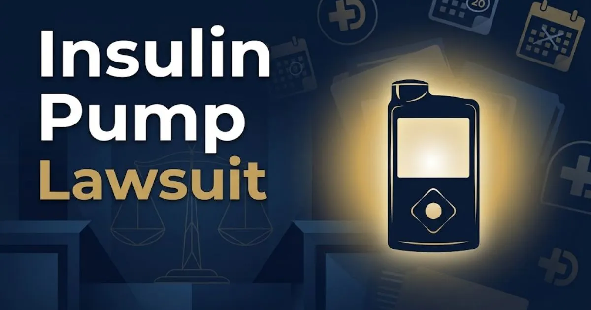 Insulin pump lawsuit hero banner with legal scales and medical device silhouette on navy background