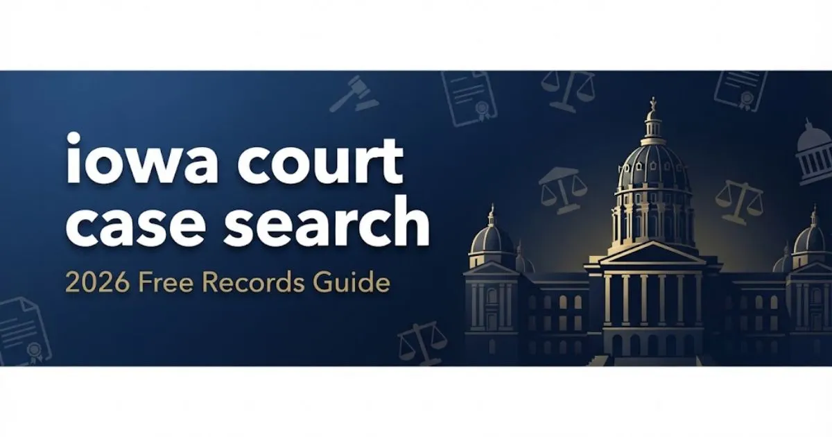 Iowa court case search 2026 hero banner with Iowa Capitol silhouette and legal icons on navy background