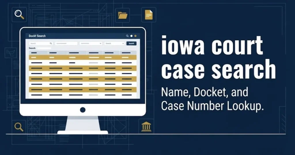 Iowa court case search supporting graphic showing digital docket lookup interface on navy background