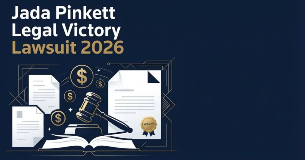 Jada Pinkett Legal Victory Lawsuit 2026 graphic with gavel and verdict documents on navy background