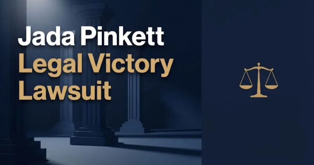 Jada Pinkett Legal Victory Lawsuit banner with gold scales of justice on navy background