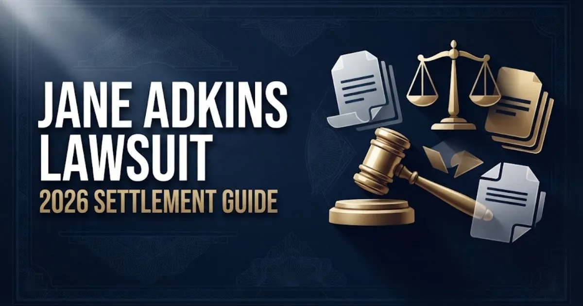 Jane Adkins Lawsuit 2026 hero banner with legal scales and gavel icons on navy background