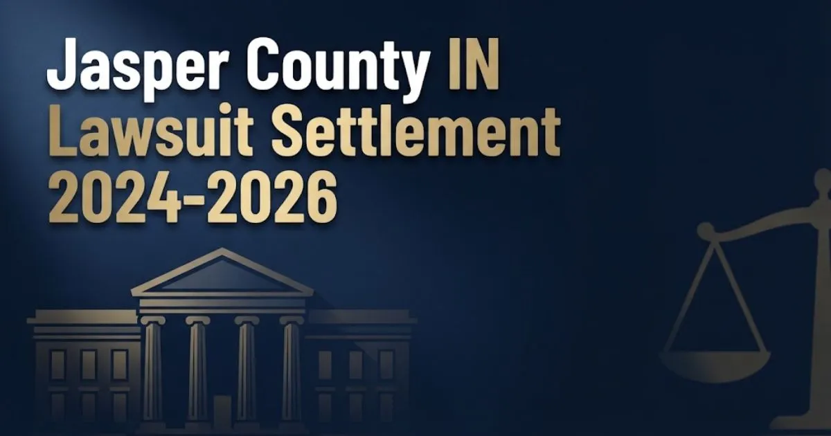 Jasper County IN lawsuit settlement 2024-2026 hero banner with courthouse silhouette and gold legal scales on navy background