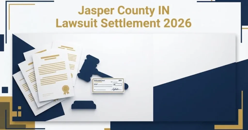 Jasper County IN lawsuit settlement 2026 supporting graphic with legal documents gavel and settlement check icons on navy background