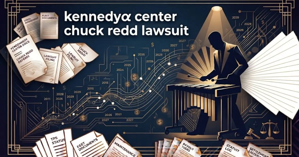 Jazz vibraphonist silhouette with bold kennedy center chuck redd lawsuit headline text on navy and gold editorial banner