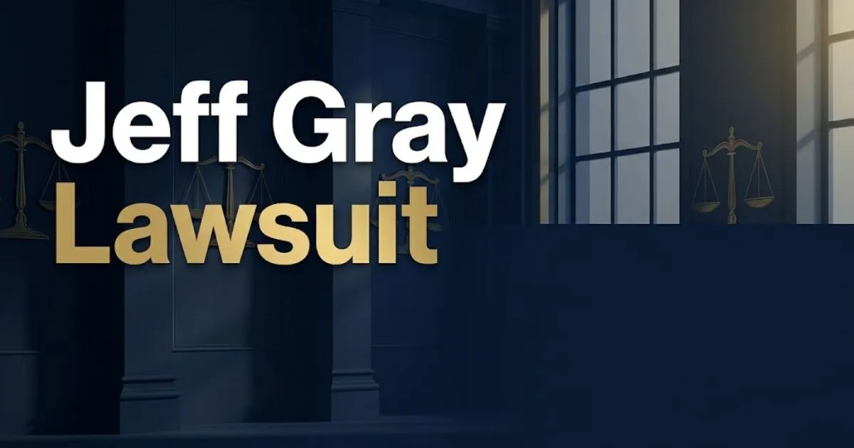 Jeff Gray Lawsuit hero banner with navy courtroom background and gold scales of justice