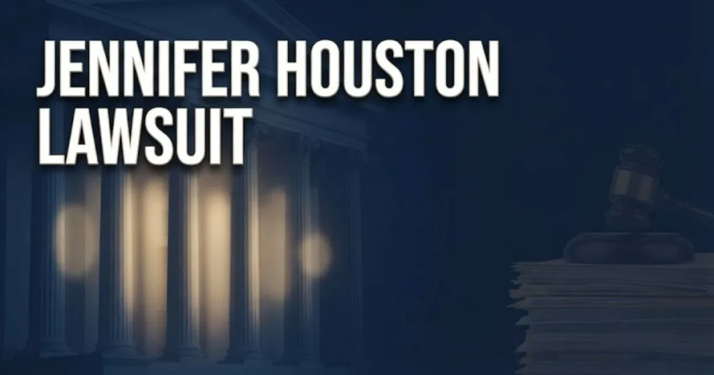 Jennifer Houston Lawsuit hero banner with courthouse silhouette and bold gold headline on navy background