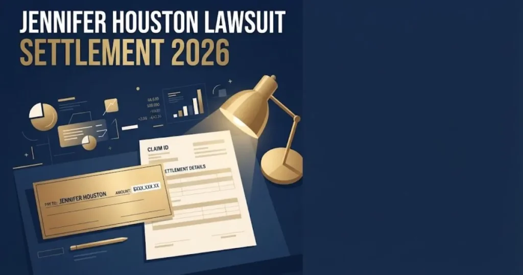 Jennifer Houston Lawsuit settlement graphic with check and claims form illustration on navy background