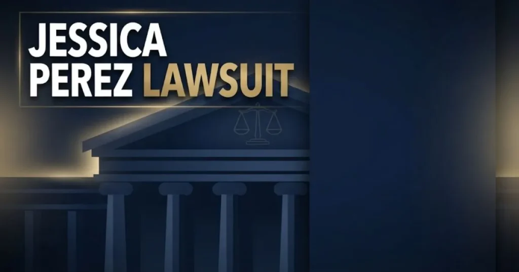 Jessica Perez Lawsuit hero banner with navy courthouse silhouette and gold scales of justice icon